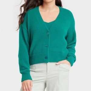 A New Day Target Green Fuzzy V Neck Cardigan With White Fuzzy Tank Top
